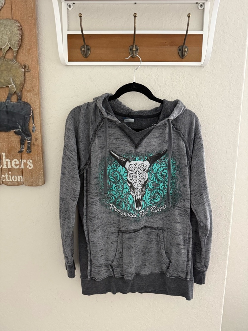 PBR Women's Gray Hoodie with Teal Floral Skull Graphic